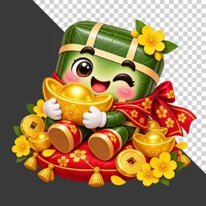 File PNG - Bánh chưng ngồi gối đỏ ôm thỏi vàng hoa mai