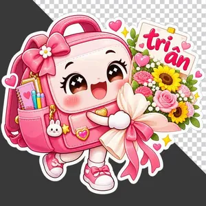 File PNG - Ba lô học sinh hồng ôm bó hoa và thiệp tri ân 20 tháng 11