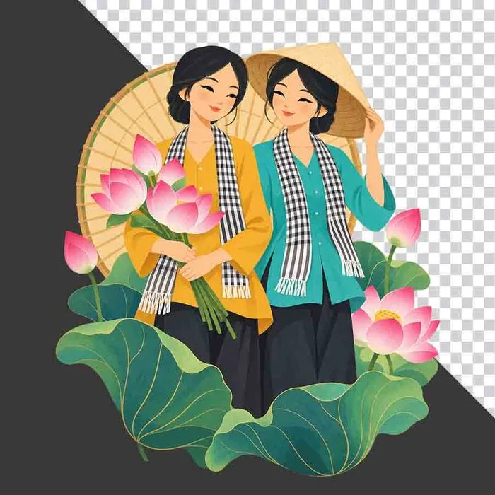 File PNG - Hai thiếu nữ mặc áo bà ba vàng xanh khăn rằn ôm hoa sen bên đầm sen hồng