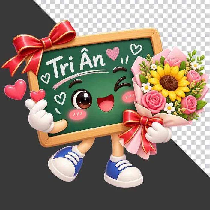 File PNG - Bảng đen hoạt hình dễ thương chữ Tri Ân ôm bó hoa 20/11