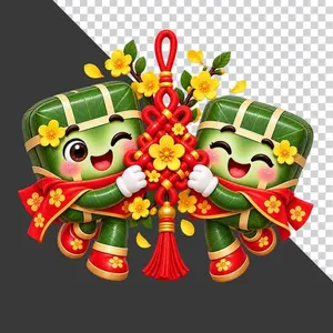 File PNG - Cặp đôi bánh chưng cùng nắm nút thắt cát tường và cành hoa mai vàng ngày Tết