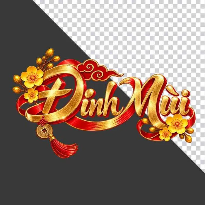Chữ Đinh Mùi 3D ngang hoa mai vàng lụa đỏ đồng tiền ngày Tết - File PNG