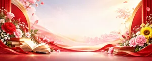 File JPG - Phông nền 20/11 khung vòm hoa cẩm chướng hướng dương sách vở lụa đỏ