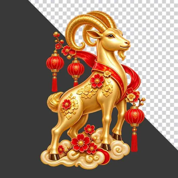 File PNG - Tượng dê vàng đèn lồng đỏ đón xuân
