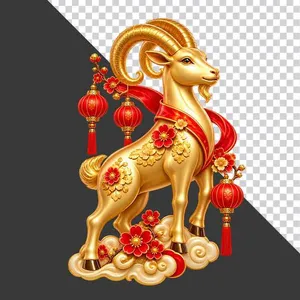 File PNG - Tượng dê vàng đèn lồng đỏ đón xuân