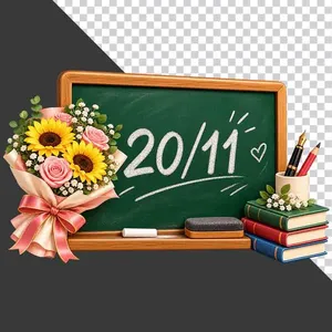 File PNG - Bảng đen viết chữ 20 tháng 11 bó hoa và chồng sách