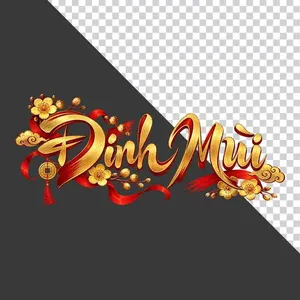 Chữ Đinh Mùi 3D ngang hoa mai vàng lụa đỏ đồng tiền ngày Tết   