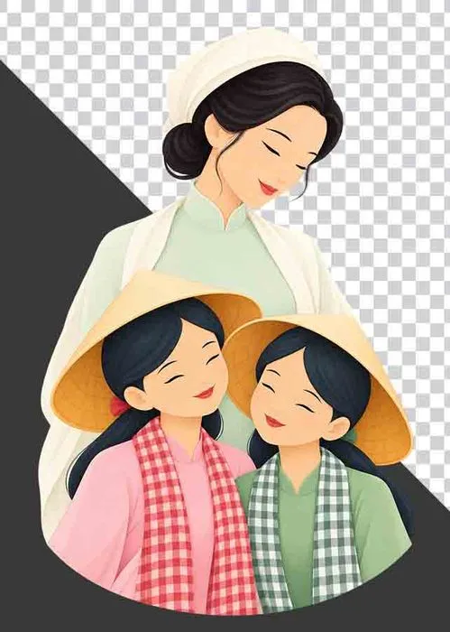 Mẹ đội mũ vải mặc áo dài xanh nhạt ôm hai con gái mặc áo bà ba hồng xanh - PNG