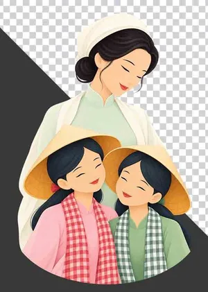 Mẹ đội mũ vải mặc áo dài xanh nhạt ôm hai con gái mặc áo bà ba hồng xanh - PNG