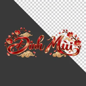 Chữ Đinh Mùi 3D ngang đỏ hoa đào mây vàng ngày Tết - PNG