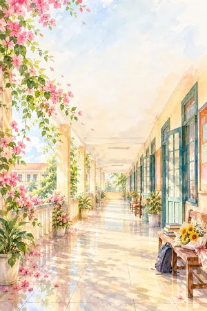 File JPG - Hành lang trường học màu nước hoa giấy nắng mai