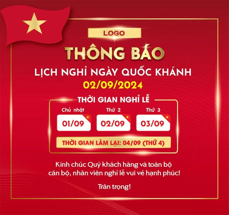 Poster thông báo nghỉ lễ ngày quốc khánh Việt Nam 2-9 nền đỏ sang trọng - File AI 027