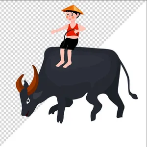 Ảnh vẽ cậu bé cưỡi trâu phong cách vẽ tay file PNG 023