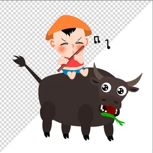 Ảnh vẽ cậu bé cưỡi trâu thổi sáo chibi phong cách vẽ tay file PNG 024