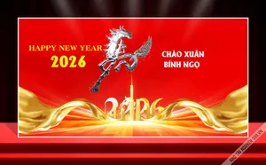 Backdrop Tết 2026 Bính Ngọ - Chúc Mừng Năm Mới Đỏ Vàng