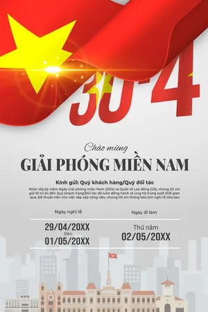 Thông báo nghỉ lễ ngày giải phóng miền Nam 30-04 nền trắng cờ đỏ sao vàng File AI 0085