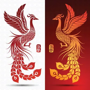 Mẫu hoa văn 2 phượng hoàng màu đỏ vector CR008