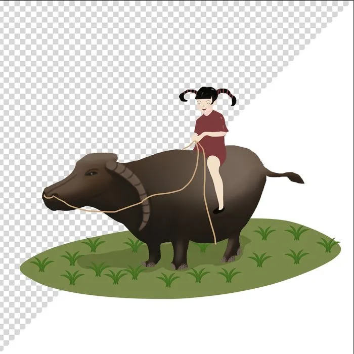 Ảnh vẽ cô bé cưỡi trâu phong cách vẽ tay file PNG 040