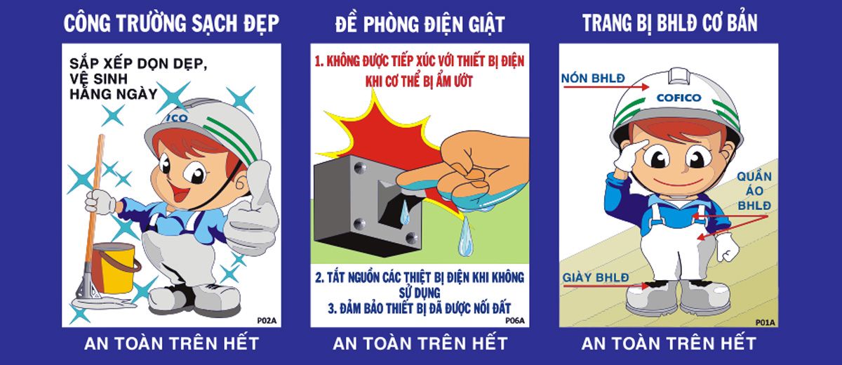 Bảng vệ sinh công trường - đề phòng điện giật - trang bị bảo hộ lao động cơ bản - an toàn là trên hết file vector coreldraw