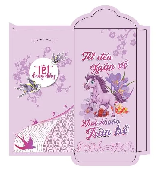 Bao Lì Xì Tết Bính Ngọ Hồng Tím, Hình Ngựa Hoạt Hình Đáng Yêu