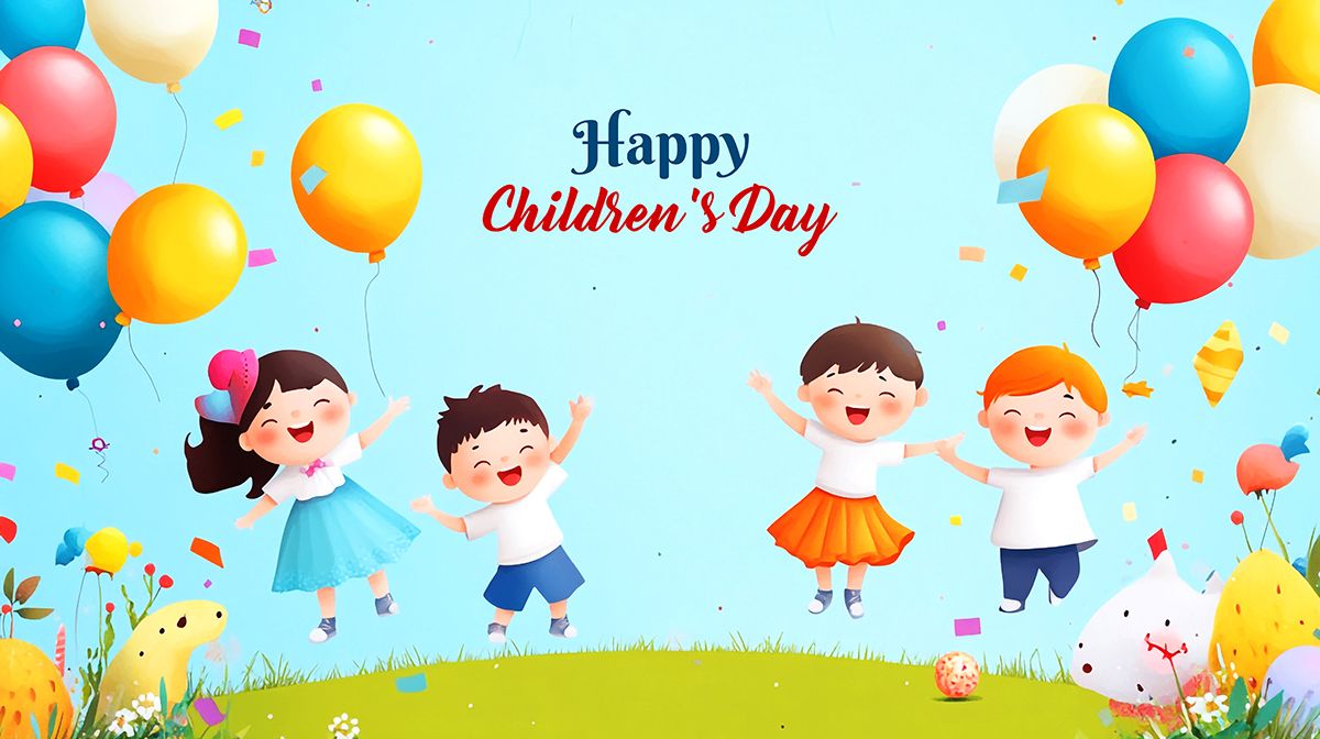 Ảnh banner trẻ vui chơi trên đồng cỏ hoa ngắm hoàng hôn mừng ngày lễ của trẻ - CR1161