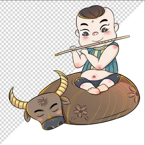 Ảnh vẽ cậu bé cưỡi trâu thổi sáo phong cách vẽ tay file PNG 043