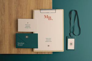 Mẫu mockup nhận điện văn phòng phẩm chất liệu gỗ file PSD
