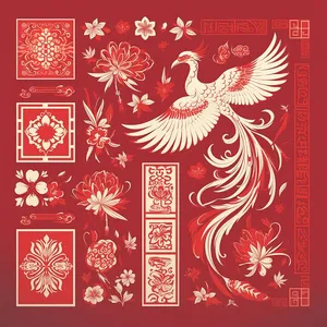 Mẫu hoa văn phượng hoàng và hoa văn trang trí màu đỏ vector CR009