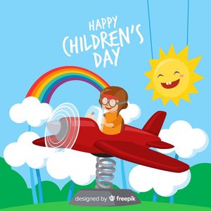 Mẫu poster trẻ vui chơi trên máy bay và cầu vồng mừng ngày thiếu nhi vector CR744