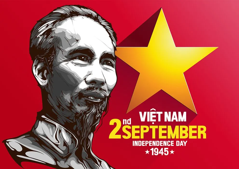 Banner chào mừng ngày quốc khánh Việt Nam chân dung vẽ tay Bác Hồ và nền cờ đỏ sao vàng - File AI 030