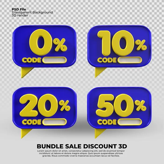 Mẫu số sale giảm giá 10%, 20%, 50%, 0% 3D màu vàng PNG chất lượng cao CR076