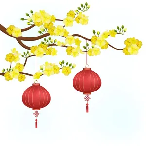 Ảnh minh họa đèn lồng đỏ treo trên cành mai vàng vector file AI CR024