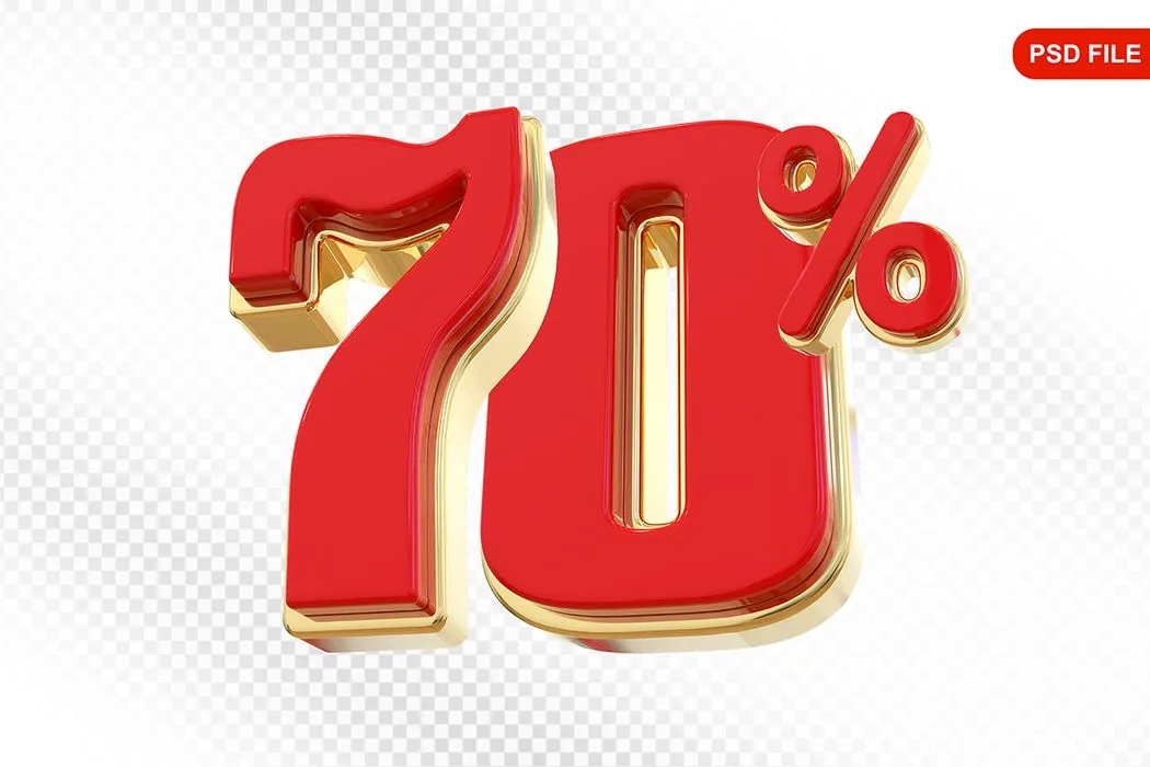 Mẫu số sale giảm giá70% 3D màu đỏ viền vàng gold PNG chất lượng cao CR048