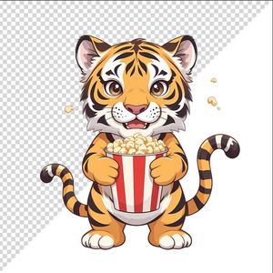 Ảnh vẽ đầu hổ cầm bỏng ngô phong cách chibi chất lượng cao File PNG - 019