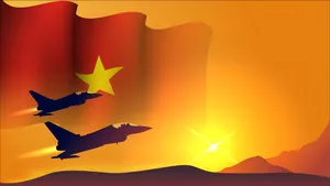 Phông nền Máy bay chiến đấu với lá cờ Việt Nam tung bay chiều hoàng hôn File AI 015
