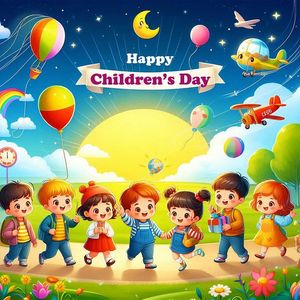 Mẫu poster trẻ vui chơi trên đồng cỏ mừng ngày thiếu nhi vector CR762