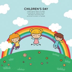 Ảnh poster trẻ vui chơi trên đồng cỏ và cầu vồng mừng ngày lễ của trẻ - CR1226