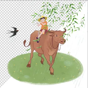 Ảnh vẽ cậu bé cưỡi trâu thổi sáo phong cách vẽ tay file PNG 016