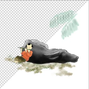 Ảnh vẽ cậu bé cưỡi trâu thổi sáo phong cách vẽ tay file PNG 025