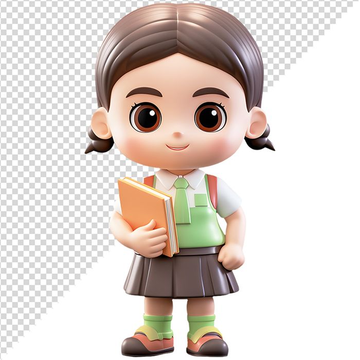 Hình ảnh bé gái cầm sách 3D vui vẻ học tập file PNG CR 815