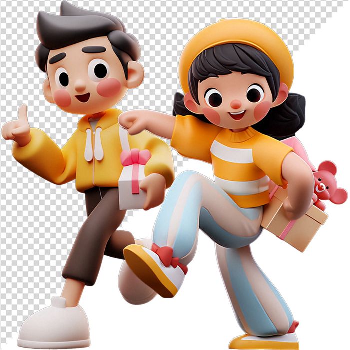 Hình ảnh bé trai bé gái vui vẻ cầm quà tặng 3D file PNG CR 816