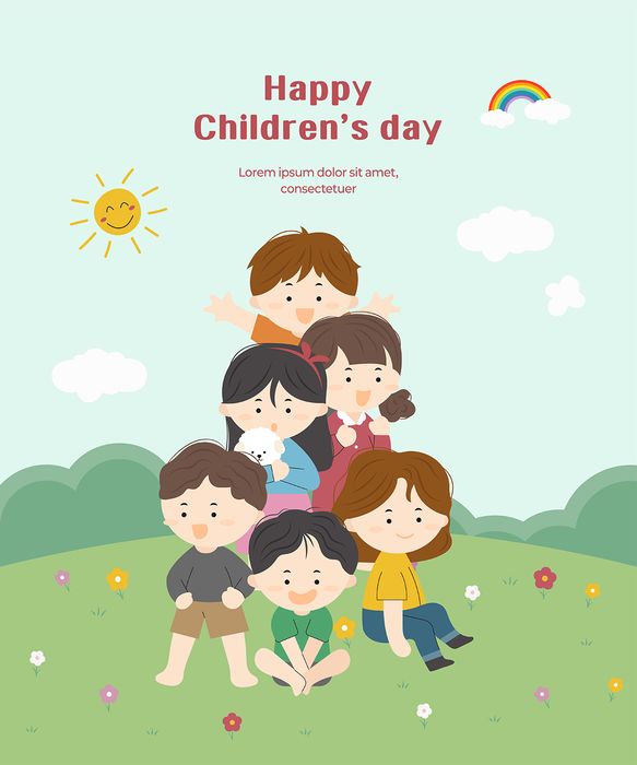 Mẫu poster, thiệp chúc mừng trẻ em vui tươi trên đồng cỏ ngày lễ thiếu nhi - CR883