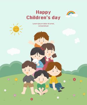 Mẫu poster, thiệp chúc mừng trẻ em vui tươi trên đồng cỏ ngày lễ thiếu nhi - CR883