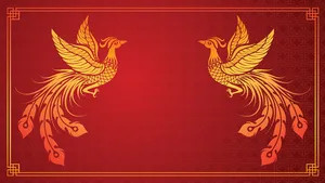 Mẫu hoa văn 2 phượng hoàng màu vàng nền đỏ trung hoa vector CR011