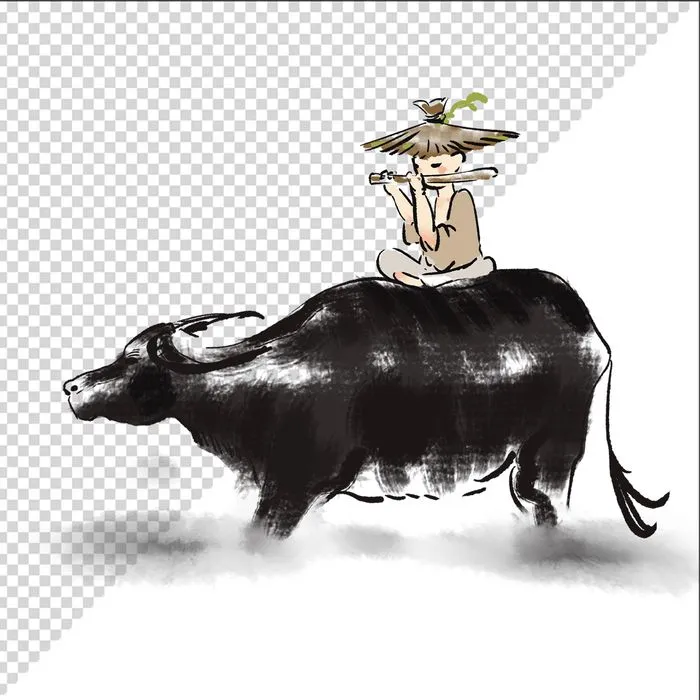 Ảnh vẽ cậu bé cưỡi trâu thổi sáo phong cách vẽ tay file PNG 019