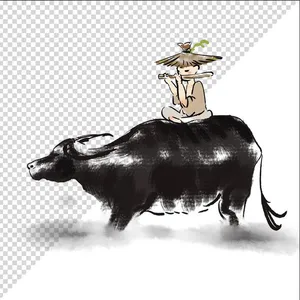 Ảnh vẽ cậu bé cưỡi trâu thổi sáo phong cách vẽ tay file PNG 019