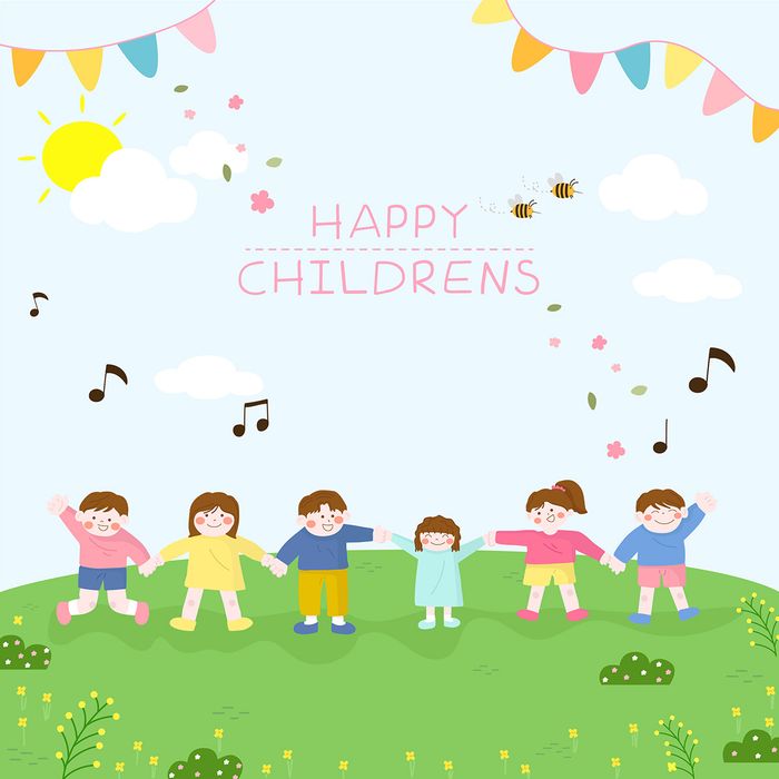 Mẫu poster trẻ vui chơi trên đồng cỏ mừng ngày thiếu nhi vector CR763