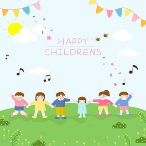 Mẫu poster trẻ vui chơi trên đồng cỏ mừng ngày thiếu nhi vector CR763