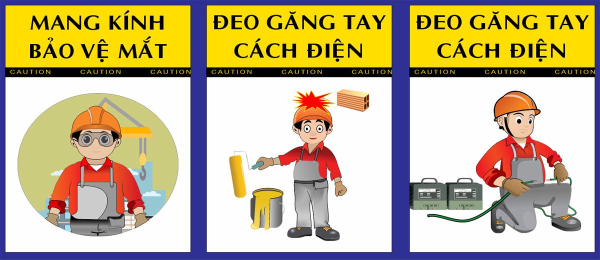 Biển cảnh báo ở công trường - mang kính bảo vệ mắt - đeo găng tay cách điện file vector coreldraw