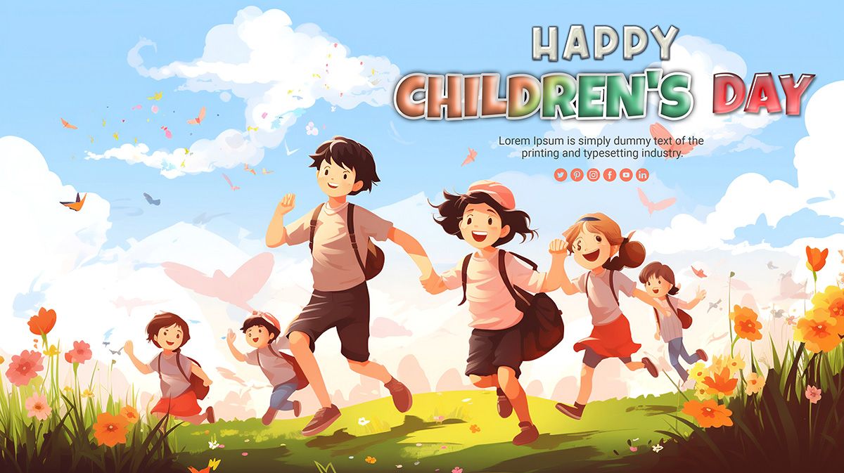 Mẫu banner trẻ vui chơi với nhau trên đồng cỏ mừng ngày lễ của trẻ vector CR649
